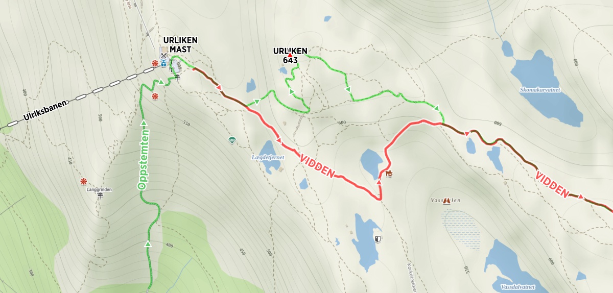 Przebieg szlaku Vidden Trail i ścieżek na szczyt Urliken